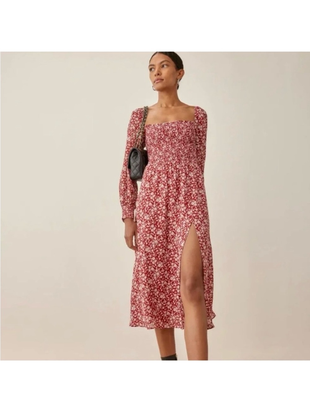 Reformation Cello Dress in “Flower Girl” | Red Floral Square-Neck Midi